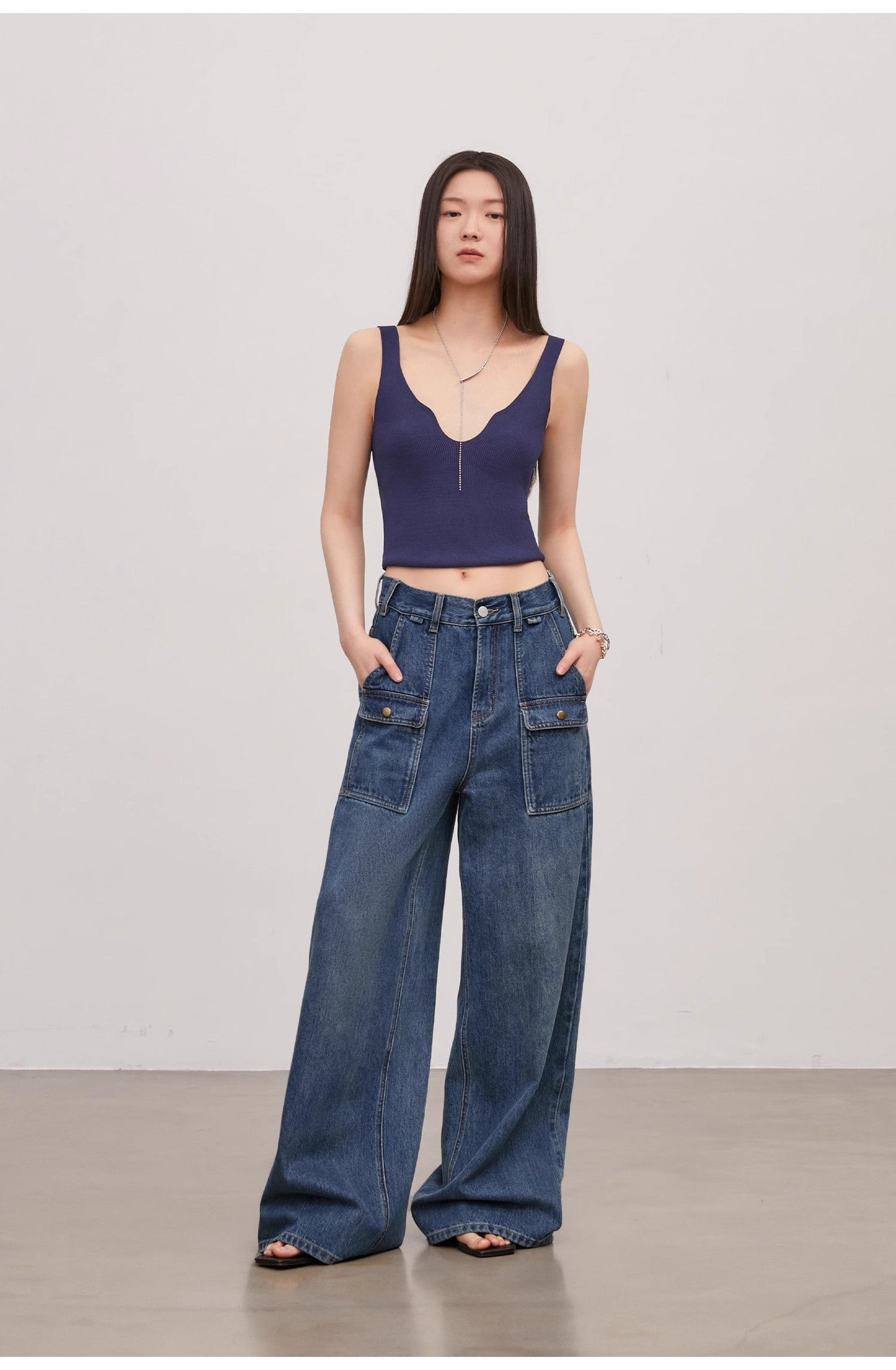 "Silent Deep Sea"Washed Vintage Blue Straight-leg Workwear Jeans for Women, Loose Wide-leg High-waisted Pants-4