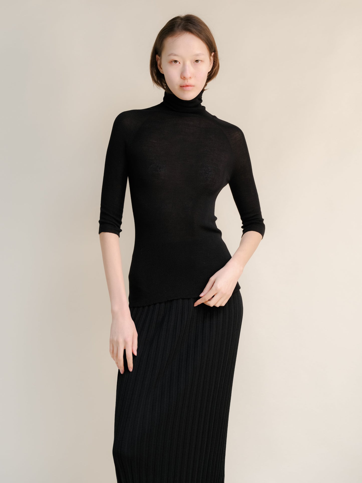 Extra Fine Merino Wool 3/4 Sleeve Ribbed Turtleneck (3D-Knit)-9