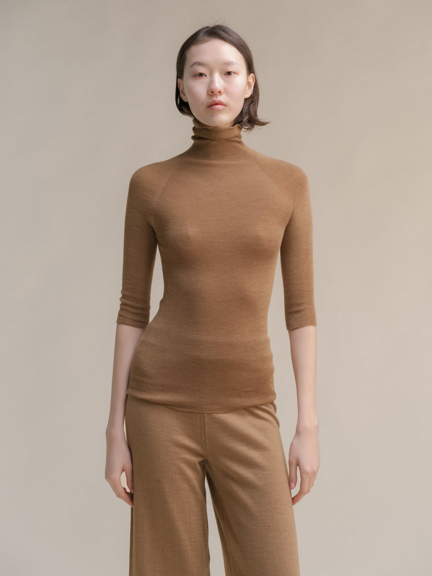 Extra Fine Merino Wool 3/4 Sleeve Ribbed Turtleneck  (3D-Knit)-8