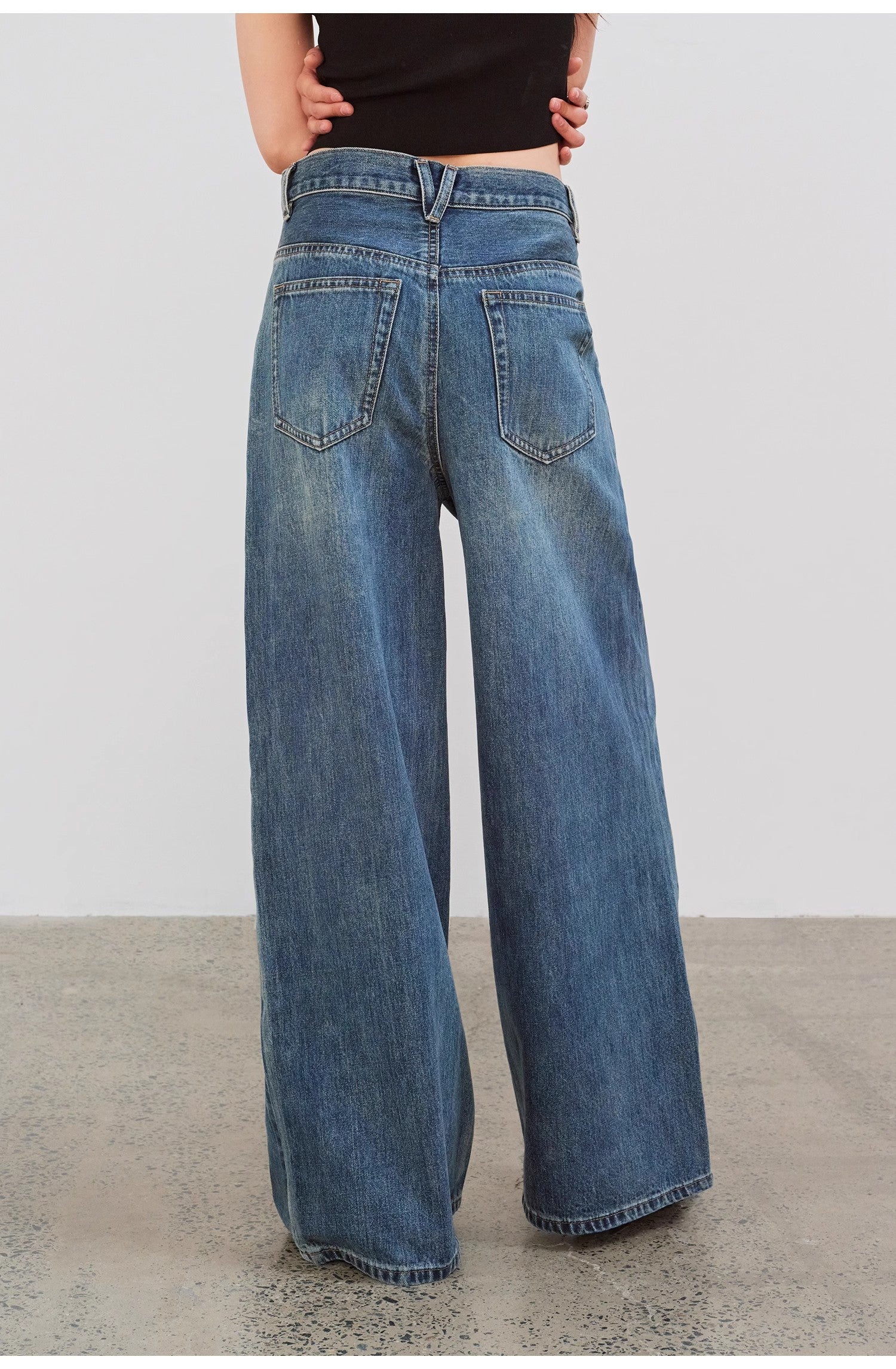 "Silent Deep Sea"Washed Vintage Blue Straight-leg Workwear Jeans for Women, Loose Wide-leg High-waisted Pants-1