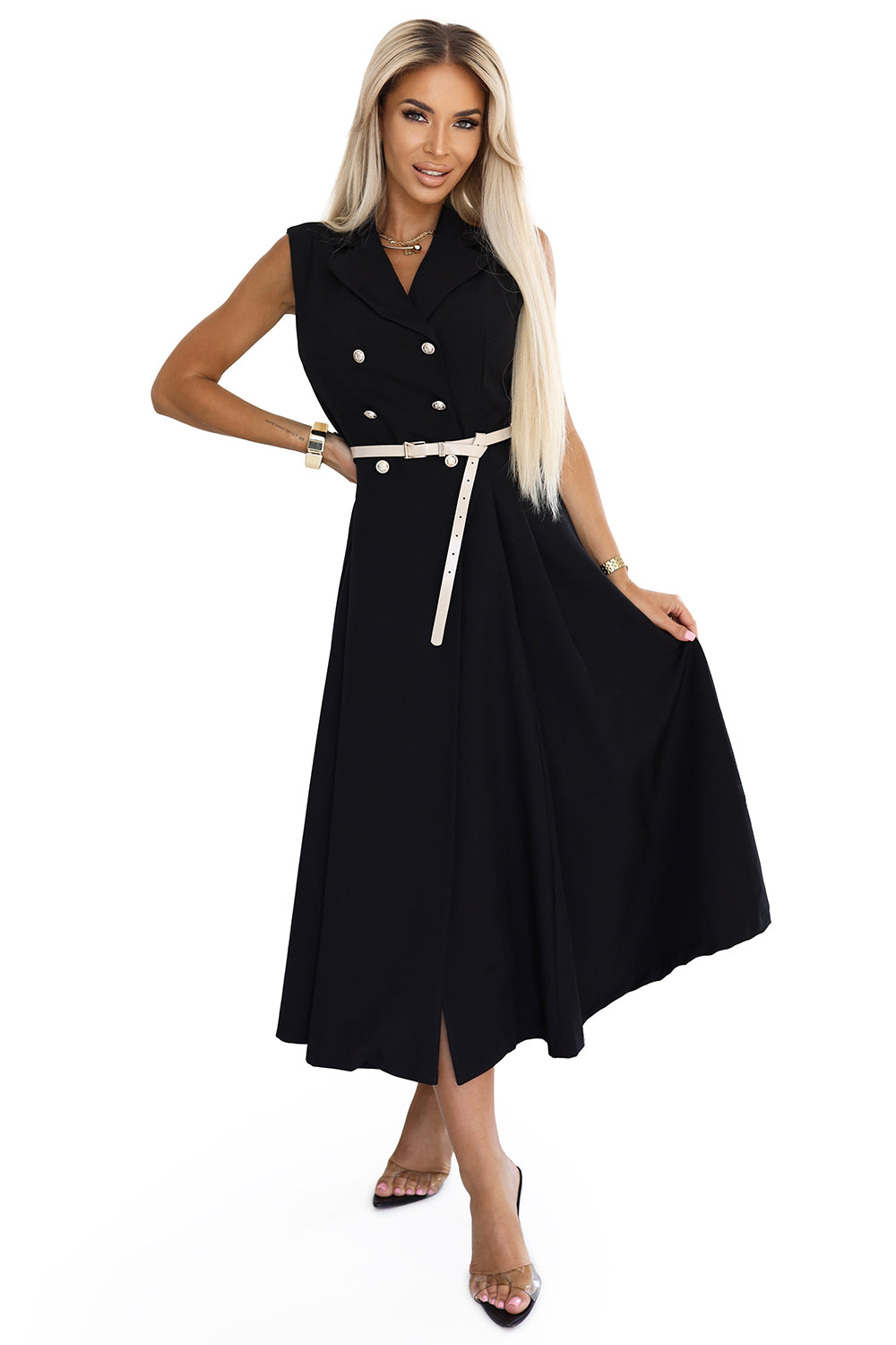 Numoco Basic 596-3 Elegant midi shirt dress with gold buttons and belt - black-6