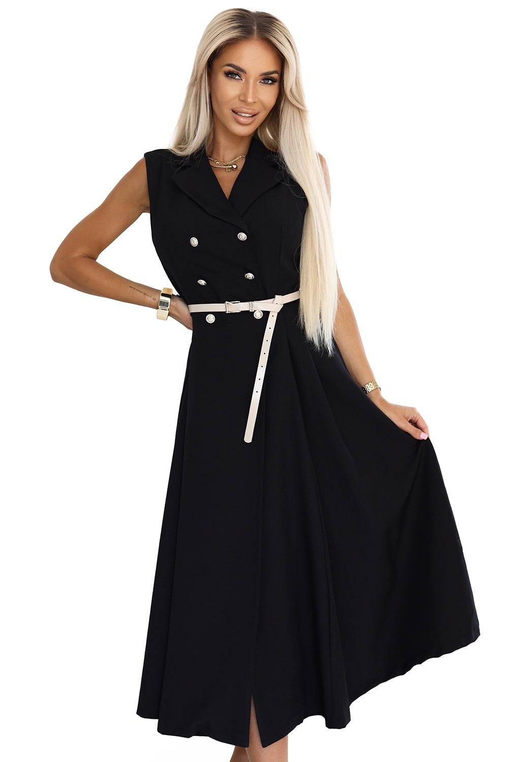 Numoco Basic 596-3 Elegant midi shirt dress with gold buttons and belt - black-7