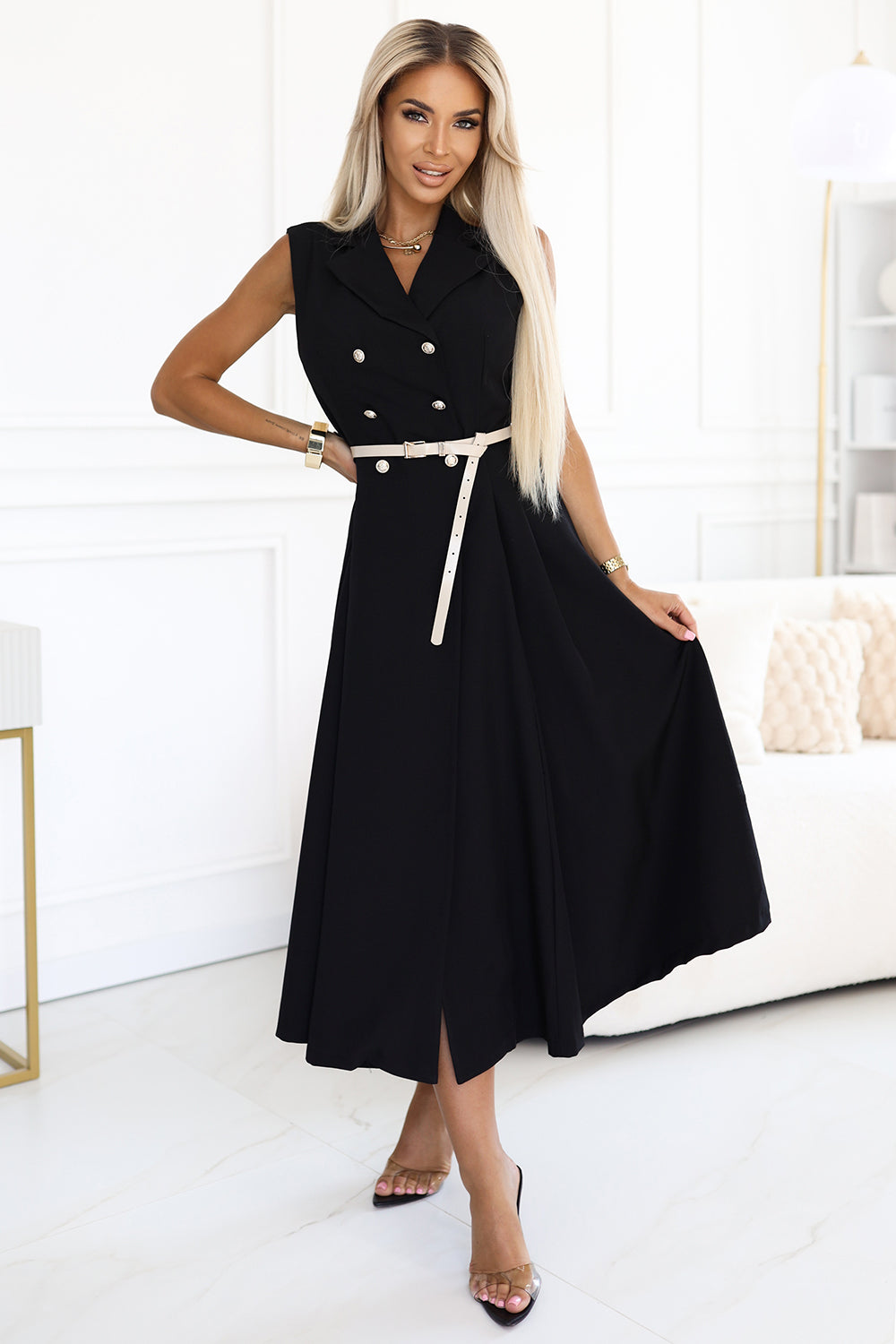 Numoco Basic 596-3 Elegant midi shirt dress with gold buttons and belt - black-3