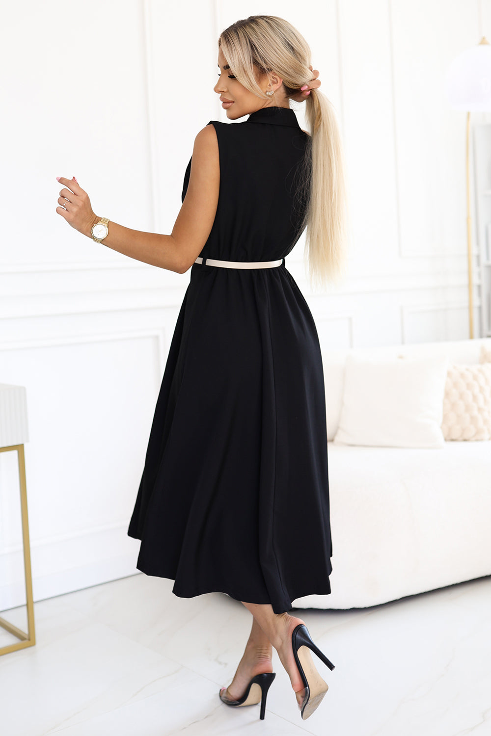 Numoco Basic 596-3 Elegant midi shirt dress with gold buttons and belt - black-2