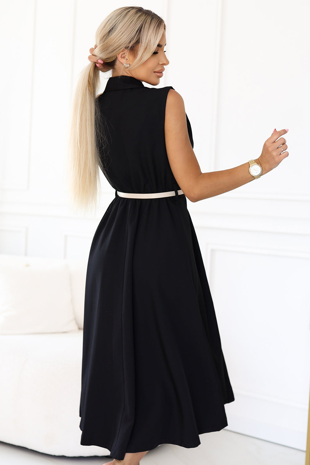 Numoco Basic 596-3 Elegant midi shirt dress with gold buttons and belt - black-4