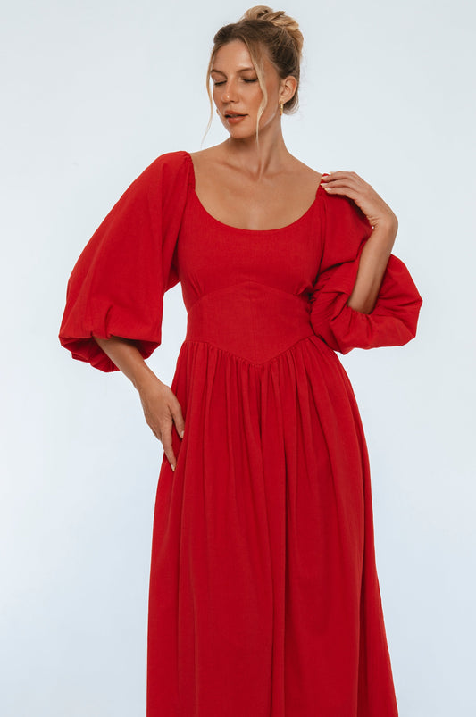 Genevieve Puff Sleeve Midi Dress-0