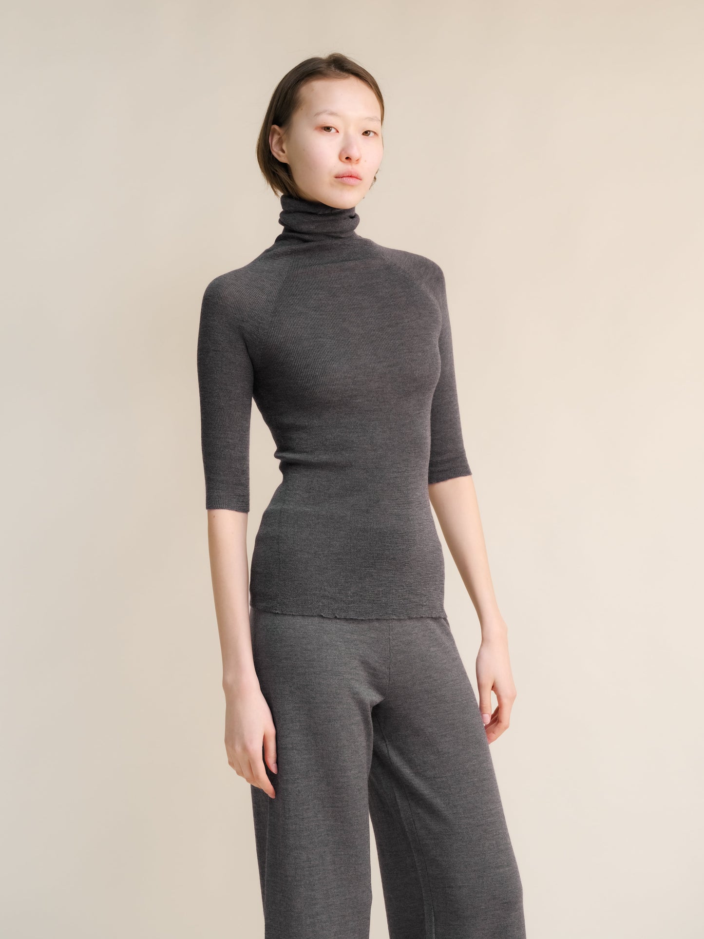 Extra Fine Merino Wool 3/4 Sleeve Ribbed Turtleneck  (3D-Knit)-6