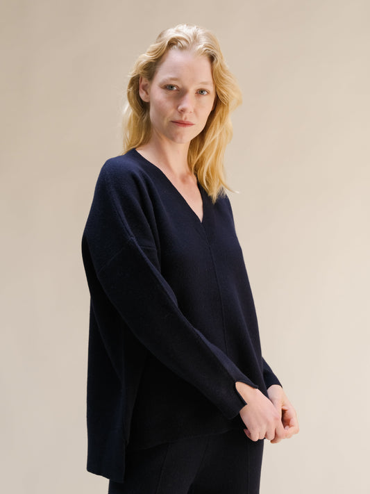 Cashmere Mix Solid Maxi V Neck with Lateral Slits-15