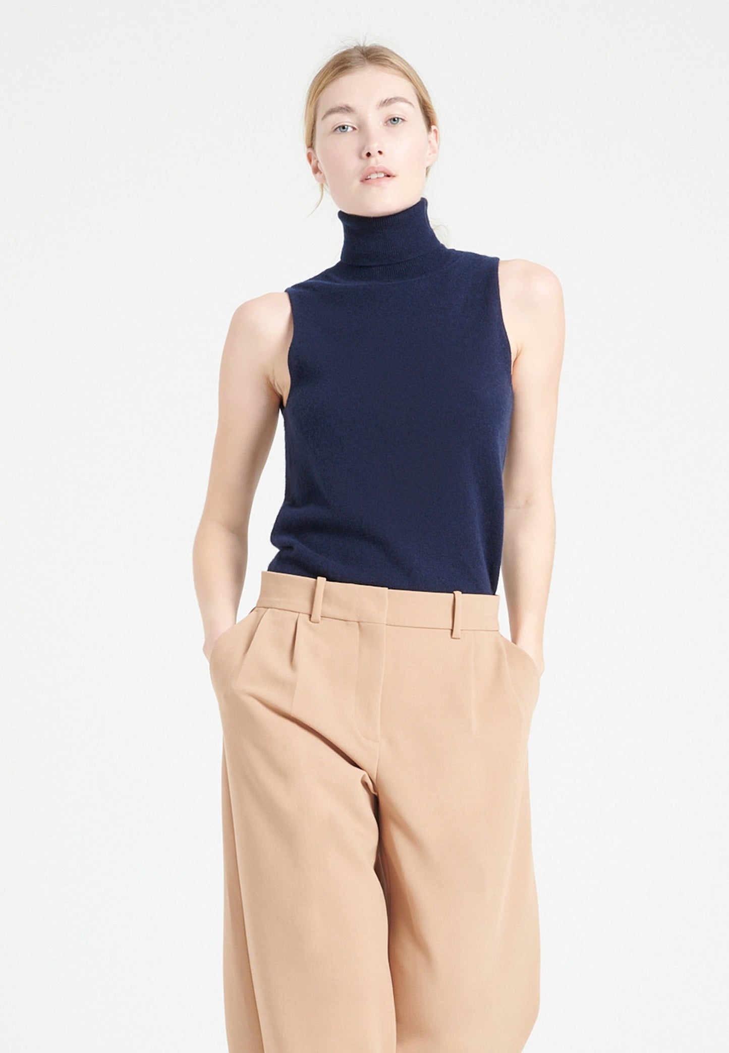 Pull col roulé sans manches femme en cachemire bleu marine - LILLY 13-0