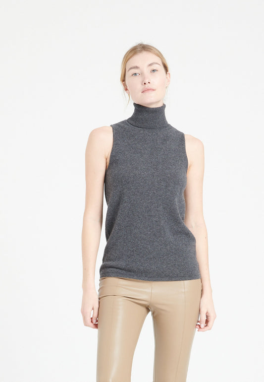 Pull col roulé sans manches femme en cachemire gris anthracite - LILLY 13-0