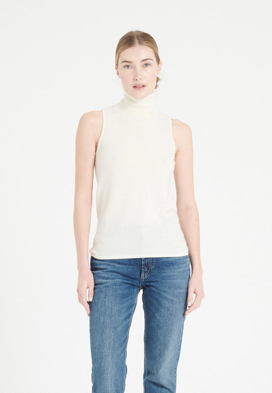 Pull col roulé sans manches femme en cachemire blanc écru - LILLY 13-0