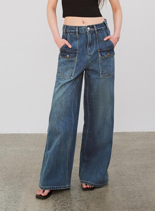 "Silent Deep Sea"Washed Vintage Blue Straight-leg Workwear Jeans for Women, Loose Wide-leg High-waisted Pants-0