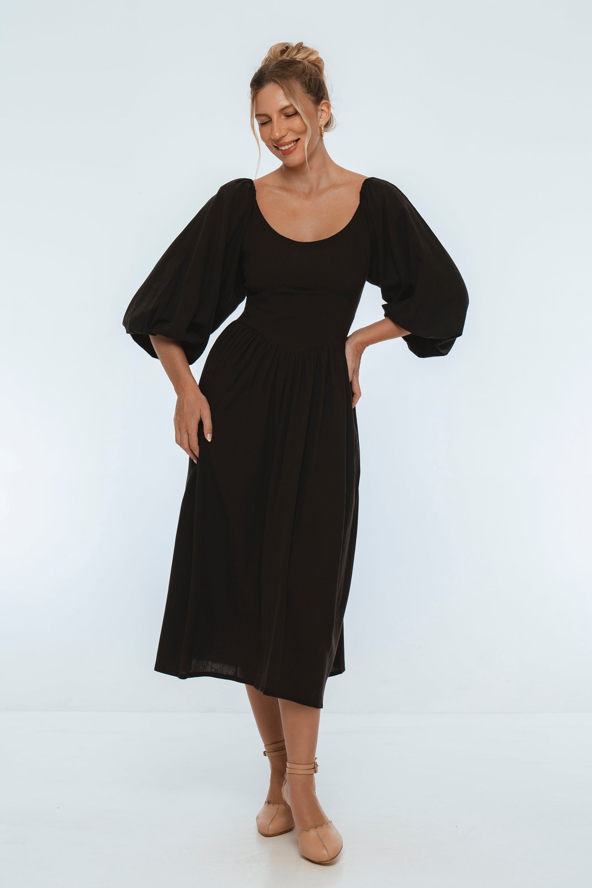 Genevieve Puff Sleeve Midi Dress-2