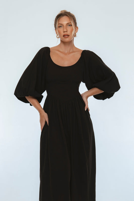 Genevieve Puff Sleeve Midi Dress-0