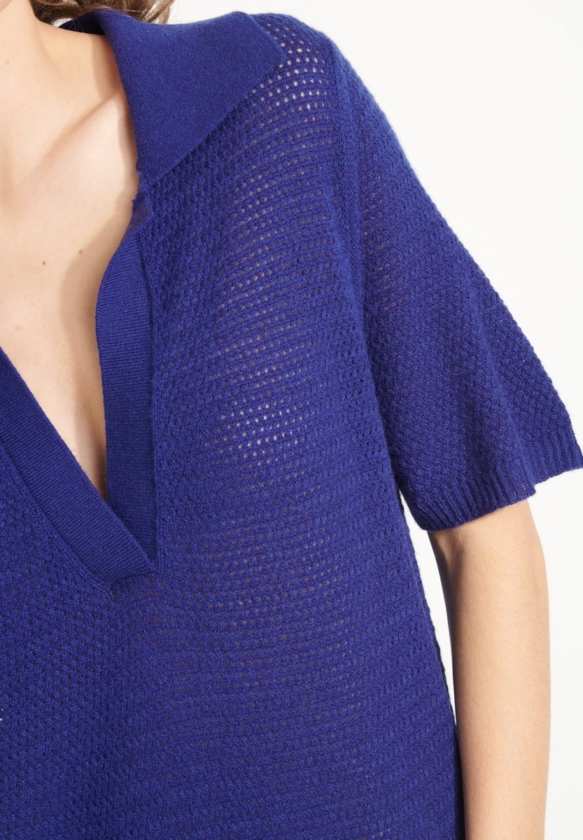 Robe longue col polo femme en cachemire ajouré bleu nuit - AVA 18-4