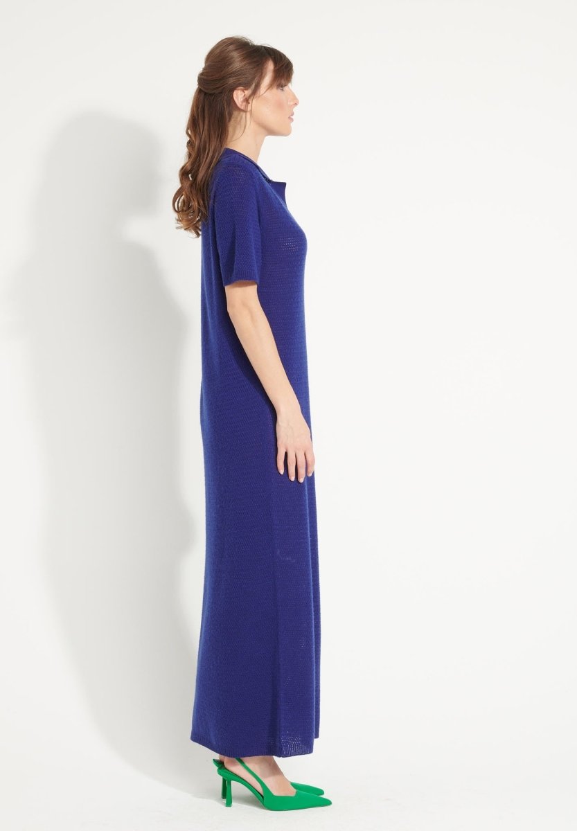 Robe longue col polo femme en cachemire ajouré bleu nuit - AVA 18-3