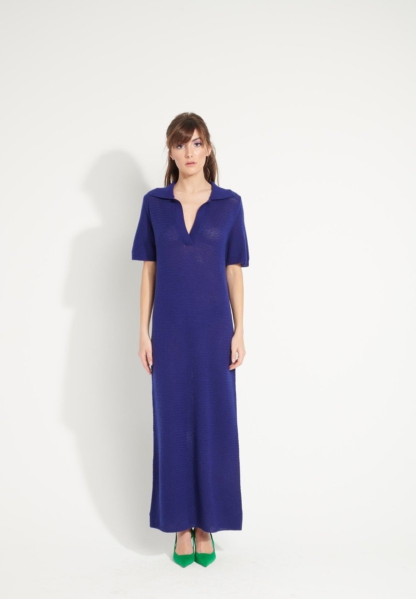 Robe longue col polo femme en cachemire ajouré bleu nuit - AVA 18-1