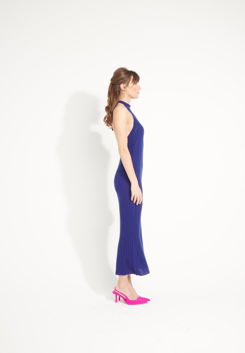 Robe longue dos nu femme en cachemire bleu nuit- AVA 19-2