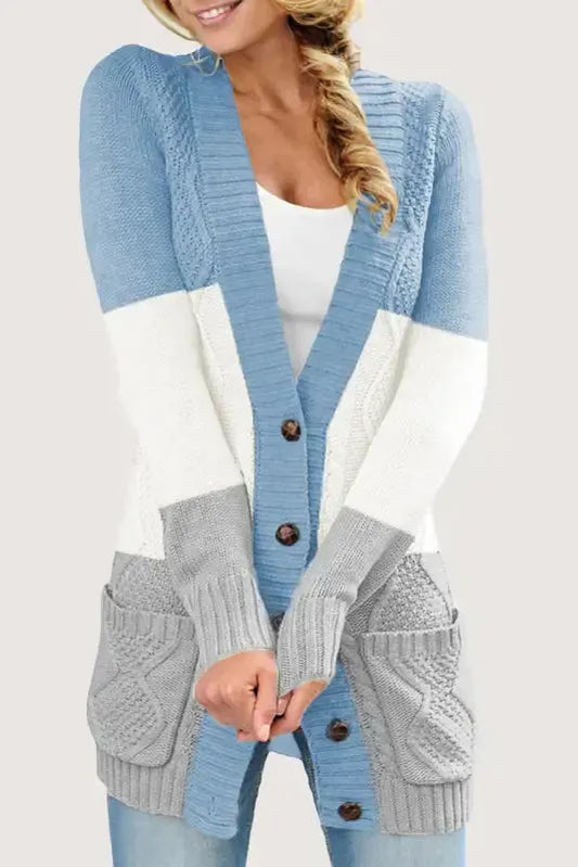 Blue Front Pocket and Buttons Closure Cardigan-0
