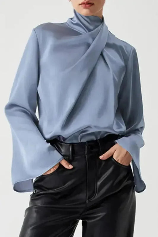 Ivy Asymmetric Blouse - Pleated Turtleneck Bell Sleeve-0