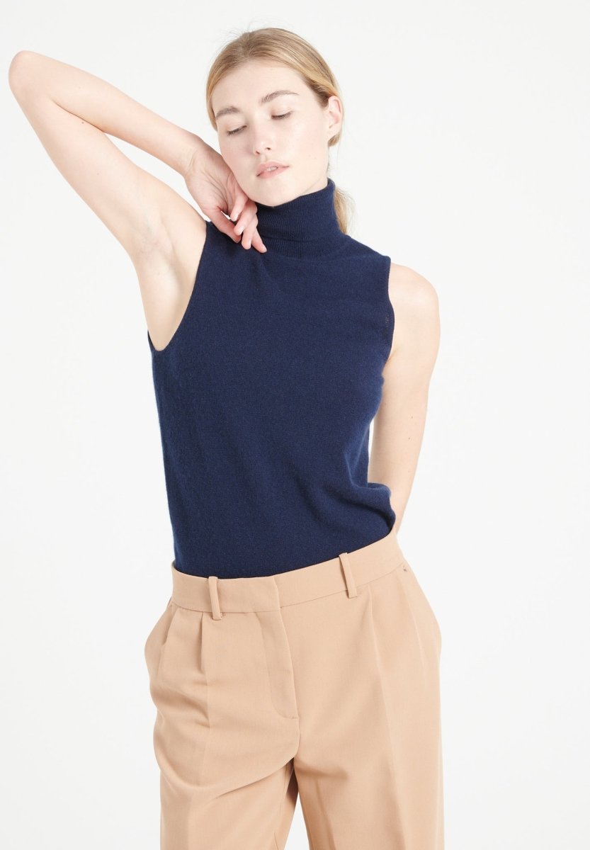 Pull col roulé sans manches femme en cachemire bleu marine - LILLY 13-2