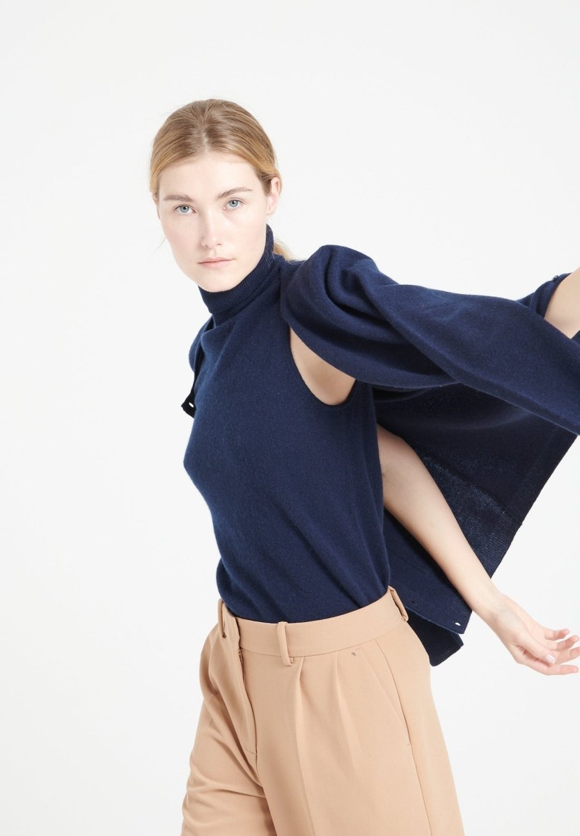 Pull col roulé sans manches femme en cachemire bleu marine - LILLY 13-3