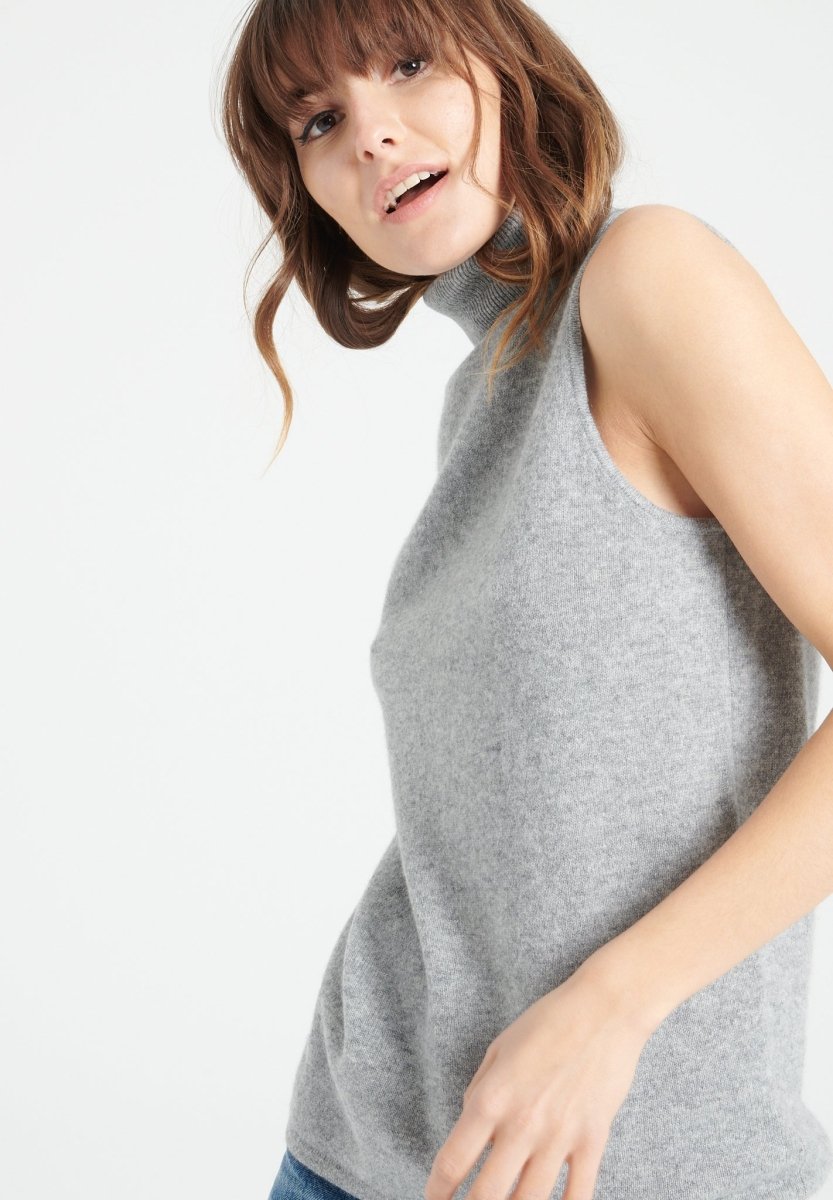 Pull col roulé sans manches femme en cachemire gris clair - LILLY 13-5