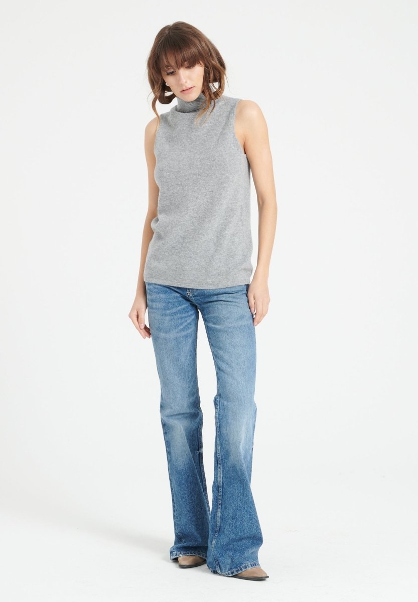 Pull col roulé sans manches femme en cachemire gris clair - LILLY 13-1