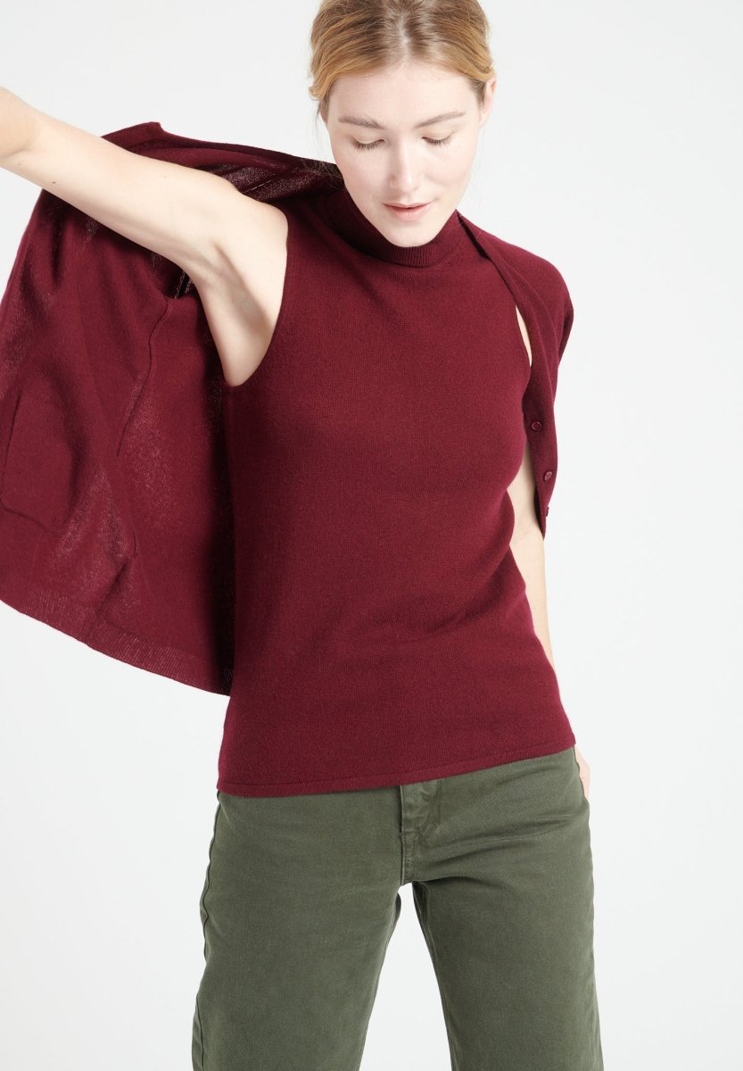Pull col roulé sans manches femme en cachemire rouge bordeaux - LILLY 13-4