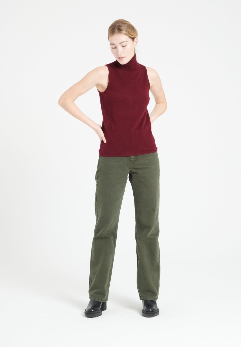 Pull col roulé sans manches femme en cachemire rouge bordeaux - LILLY 13-2