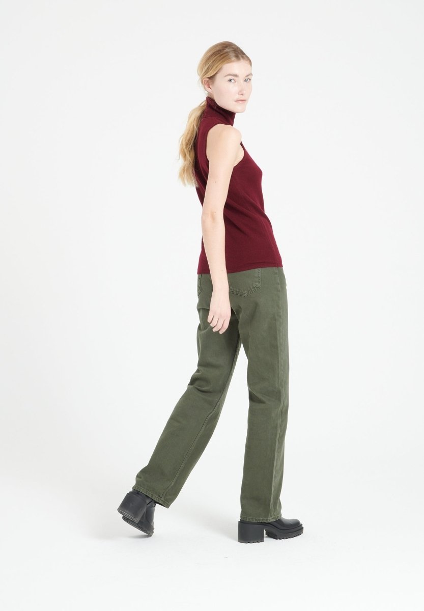 Pull col roulé sans manches femme en cachemire rouge bordeaux - LILLY 13-3