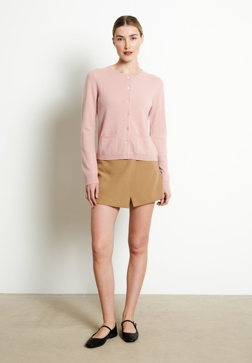 Cardigan col rond femme en cachemire rose poudré - LILLY 4B-1