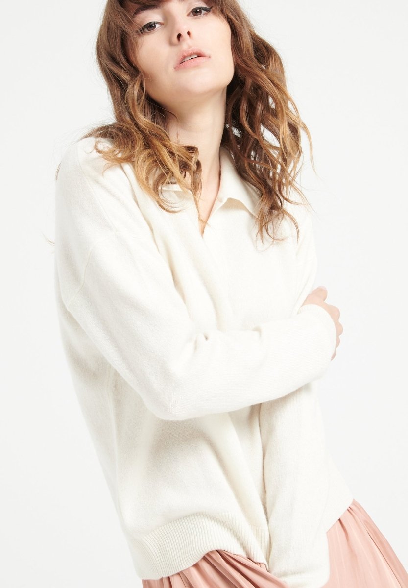 Polo manches longues femme en cachemire blanc écru - MIA 3-0