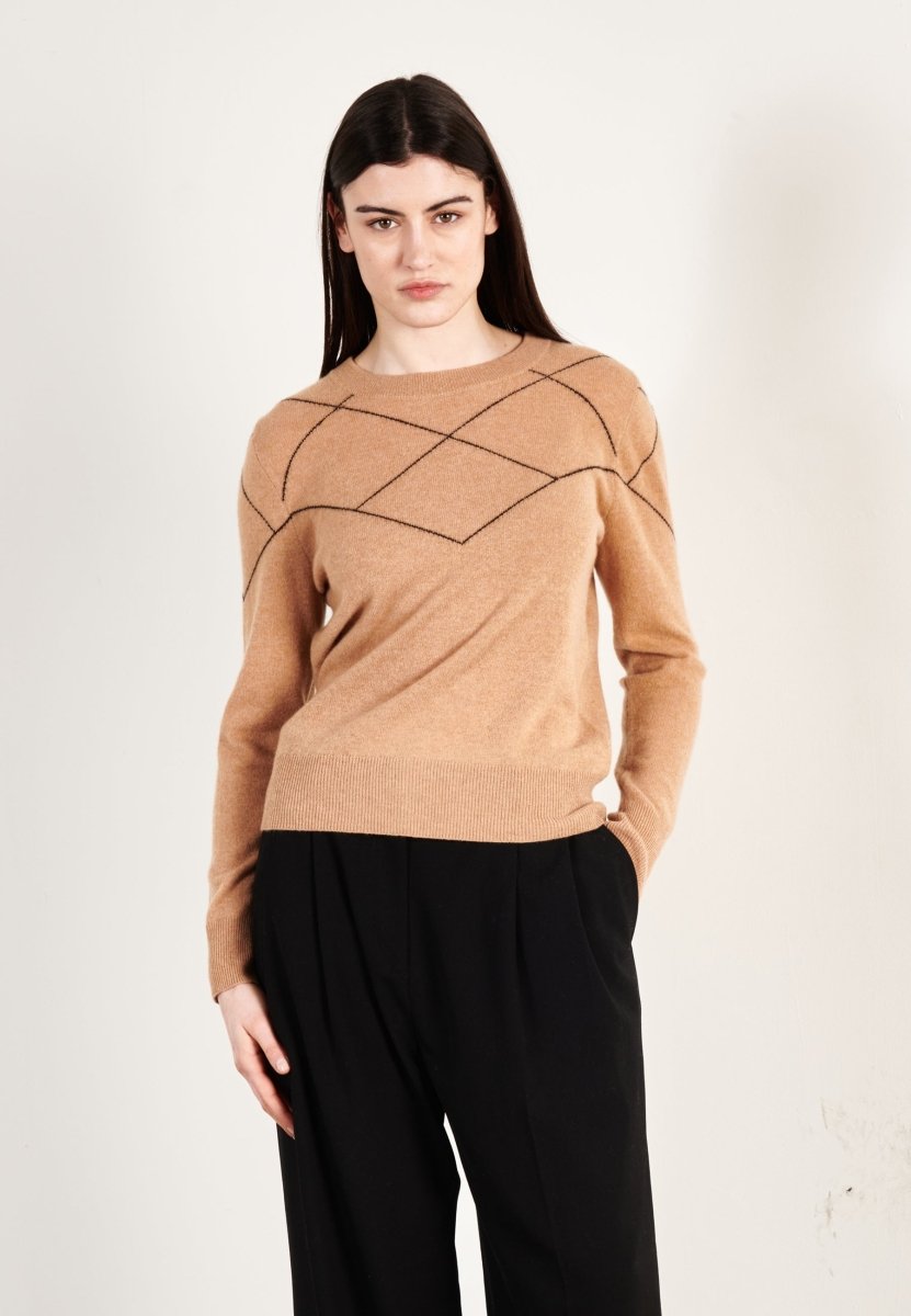 Pull col rond femme en cachemire camel clair & noir - HANA 4-0