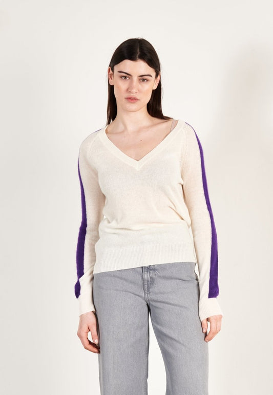 Pull col V femme en cachemire blanc écru & violet - RIA 1-0
