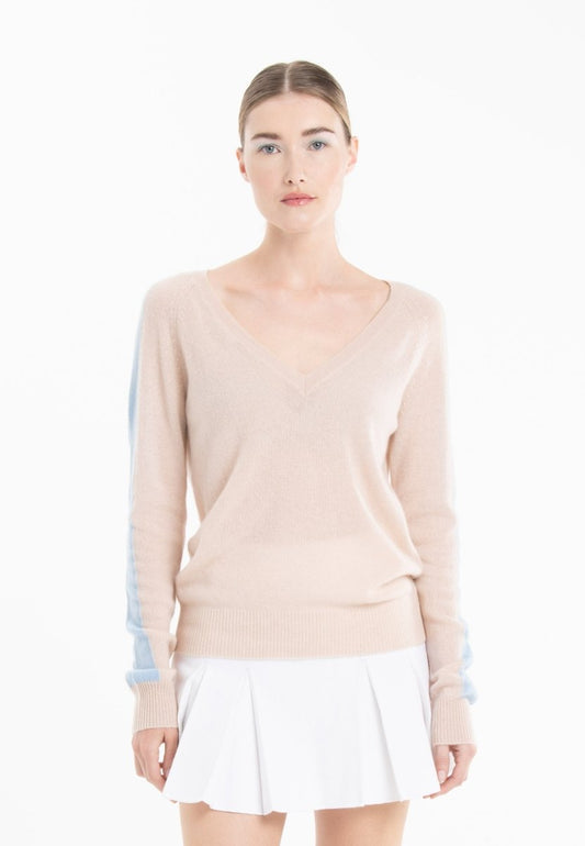 Pull col V femme en cachemire skin & baby blue - RIA 1-0